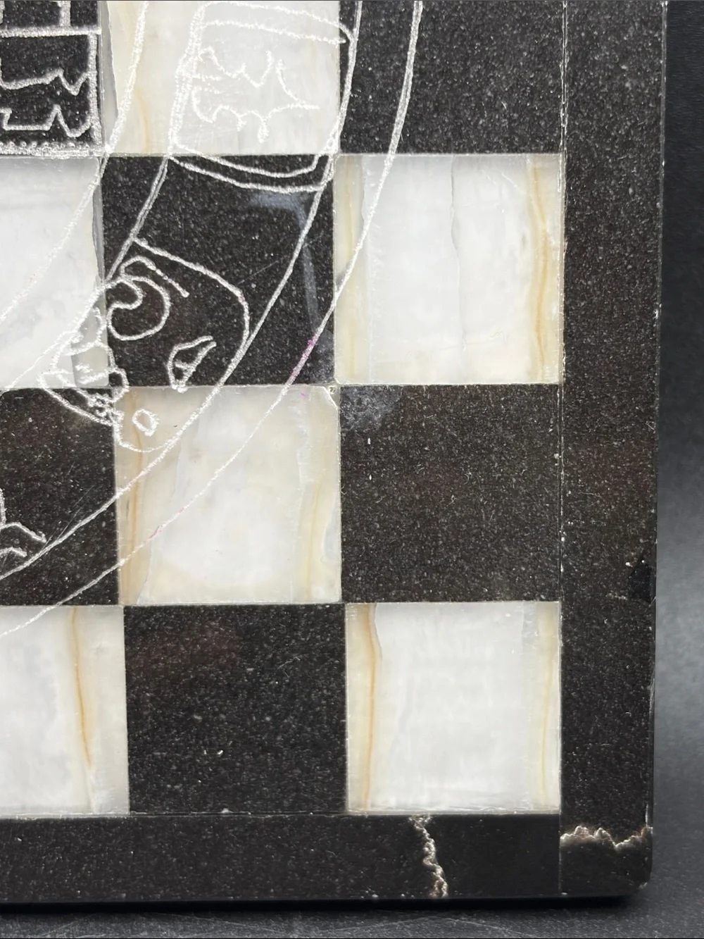 Black & White Stone Etched Mayan Pyramid Motif Chessboard Game Board Home Decor